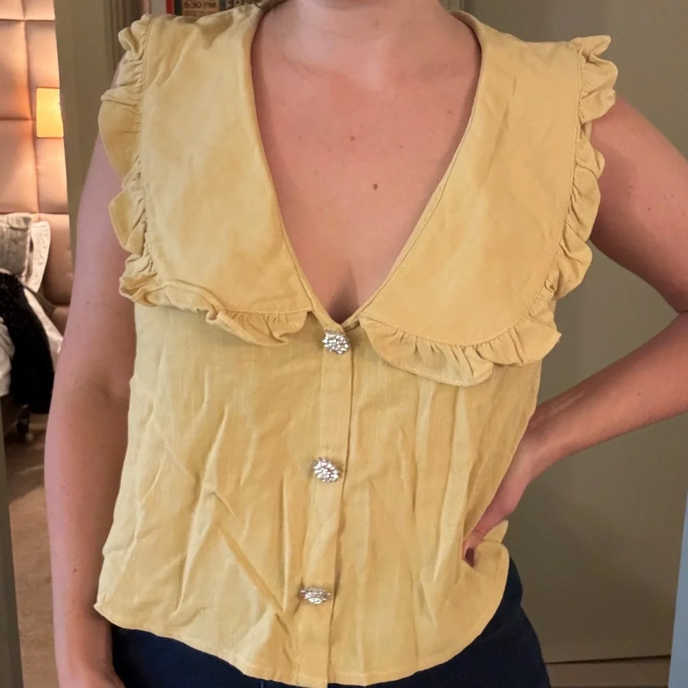 Yellow Ruffle Button-Up Women's Top - Picture 1 of 5